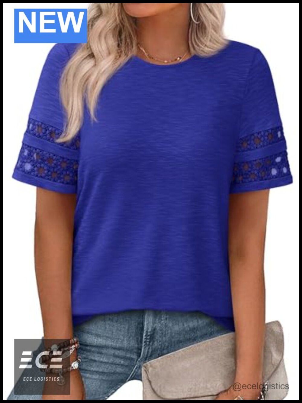 Lace Trim Short Sleeve T-Shirt Crew Neck Relaxed Fit Womens Tee